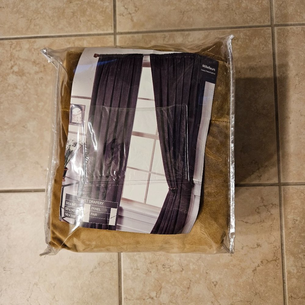 PAIR MODERN MILLEFLEURS KHAKI BROWN VELVET LINED 100" x 96" CURTAIN PANEL DRAPES